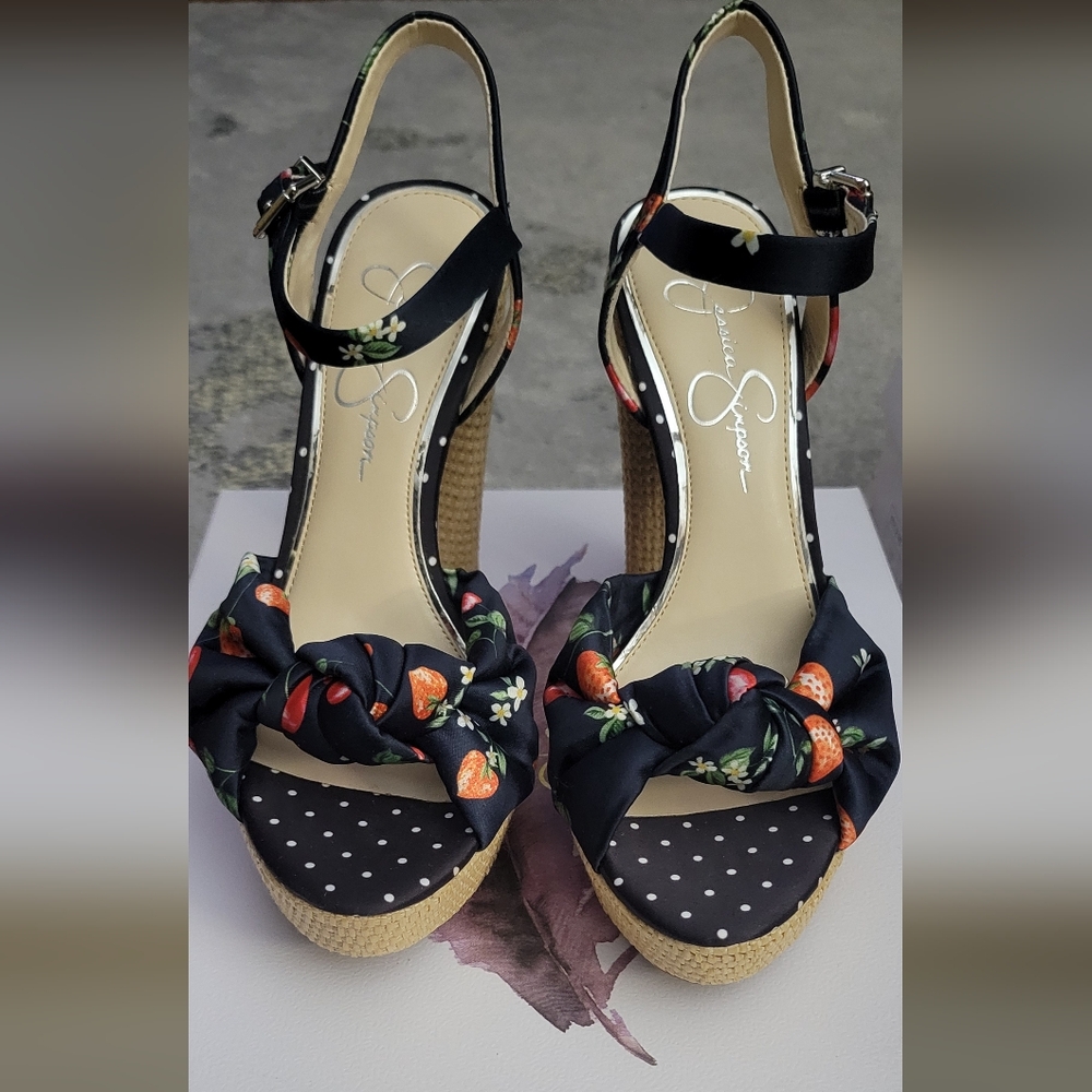 Dark Navy Satin Berry Print Sandal (Brand New, Never Worn)